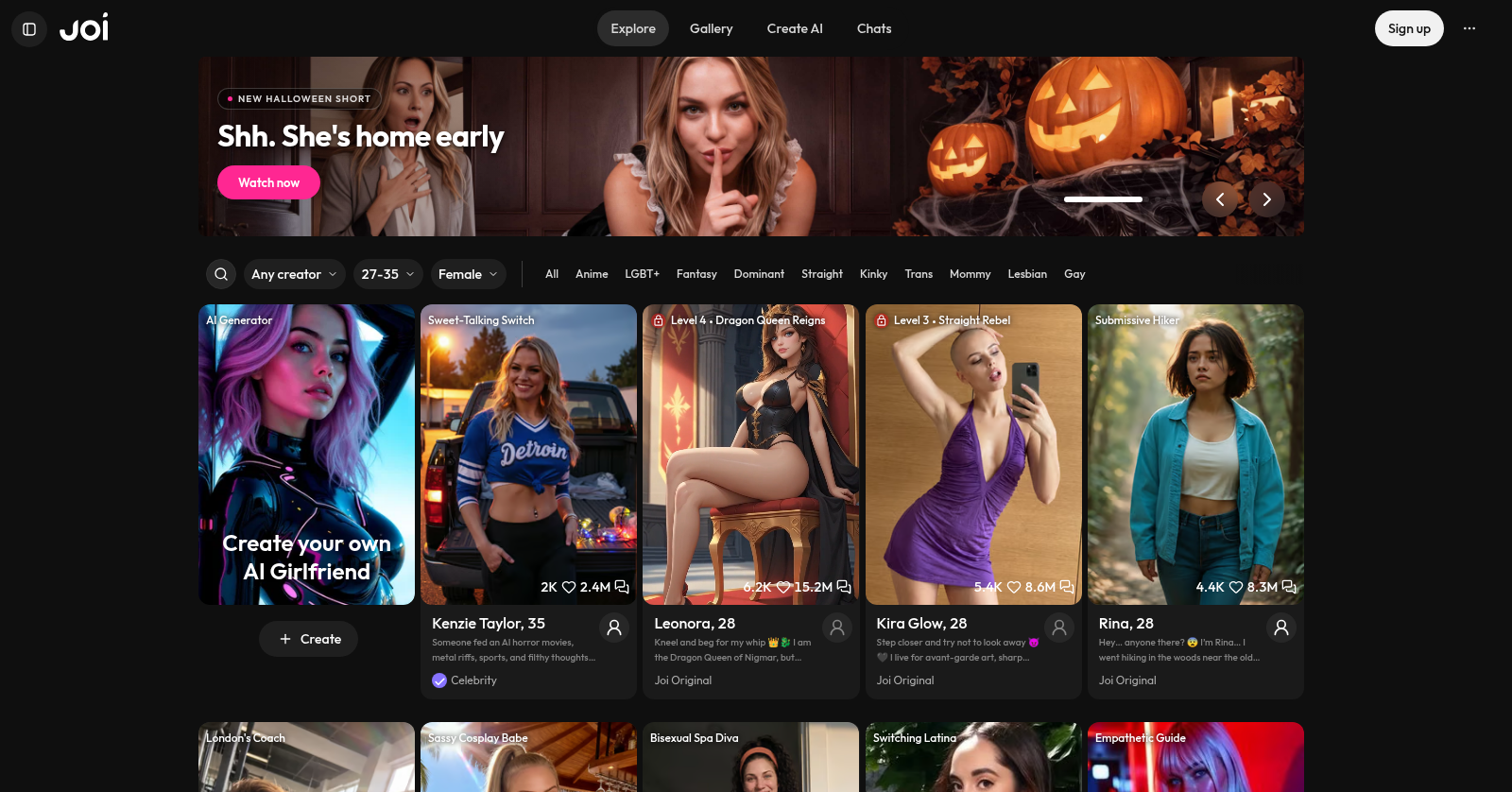 Joi.Ai homepage with the AI girlfriend character library