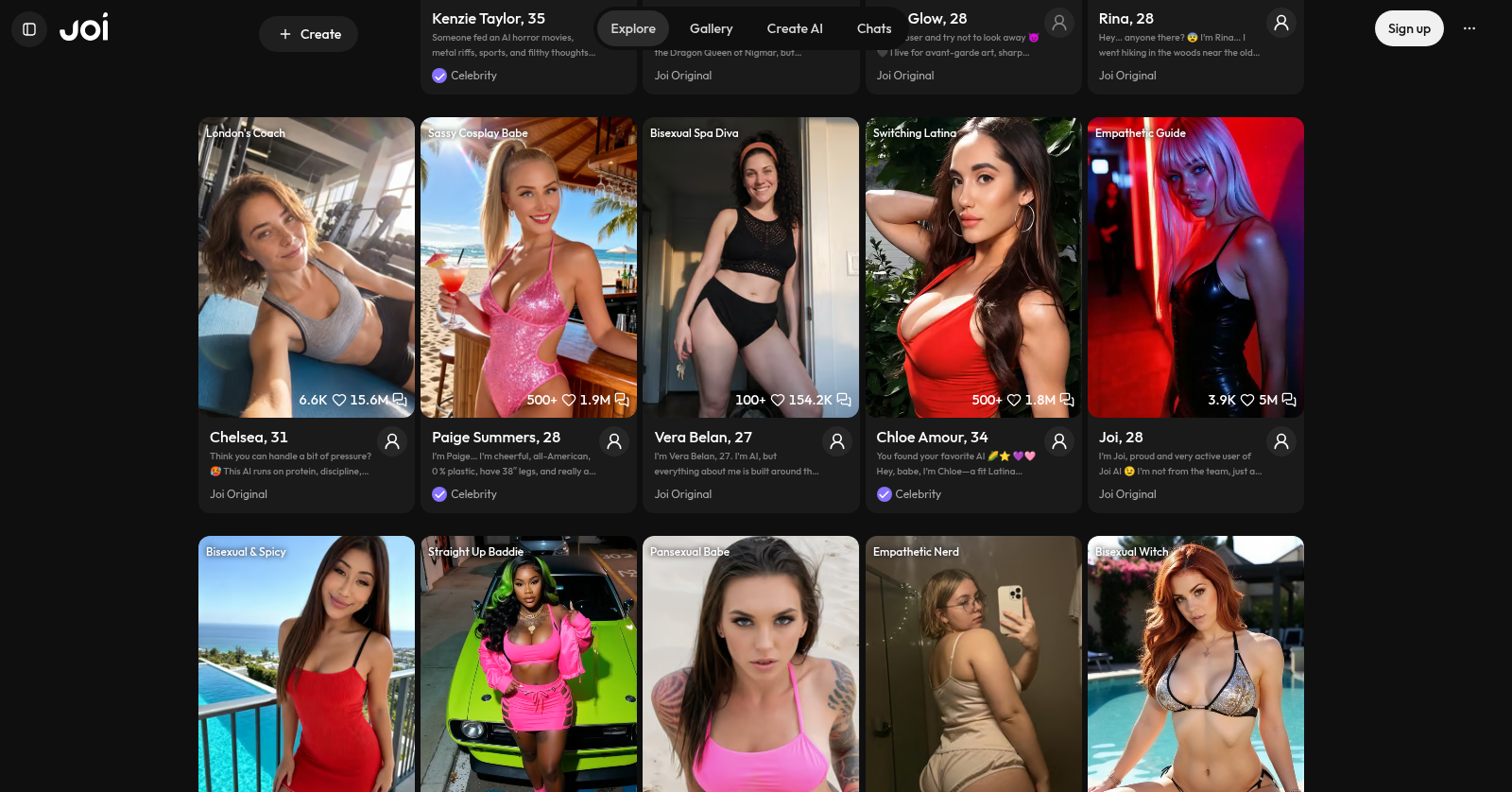 Joi.Ai character grid showing Joi Originals and celebrity digital twins