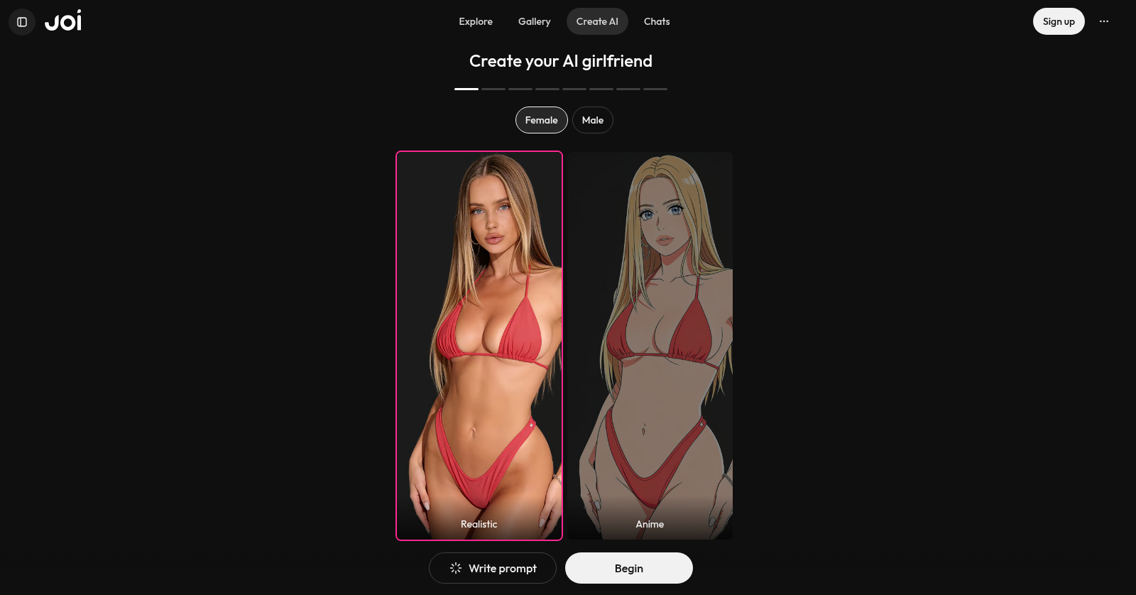 Joi.Ai Create AI builder choosing a realistic or anime style