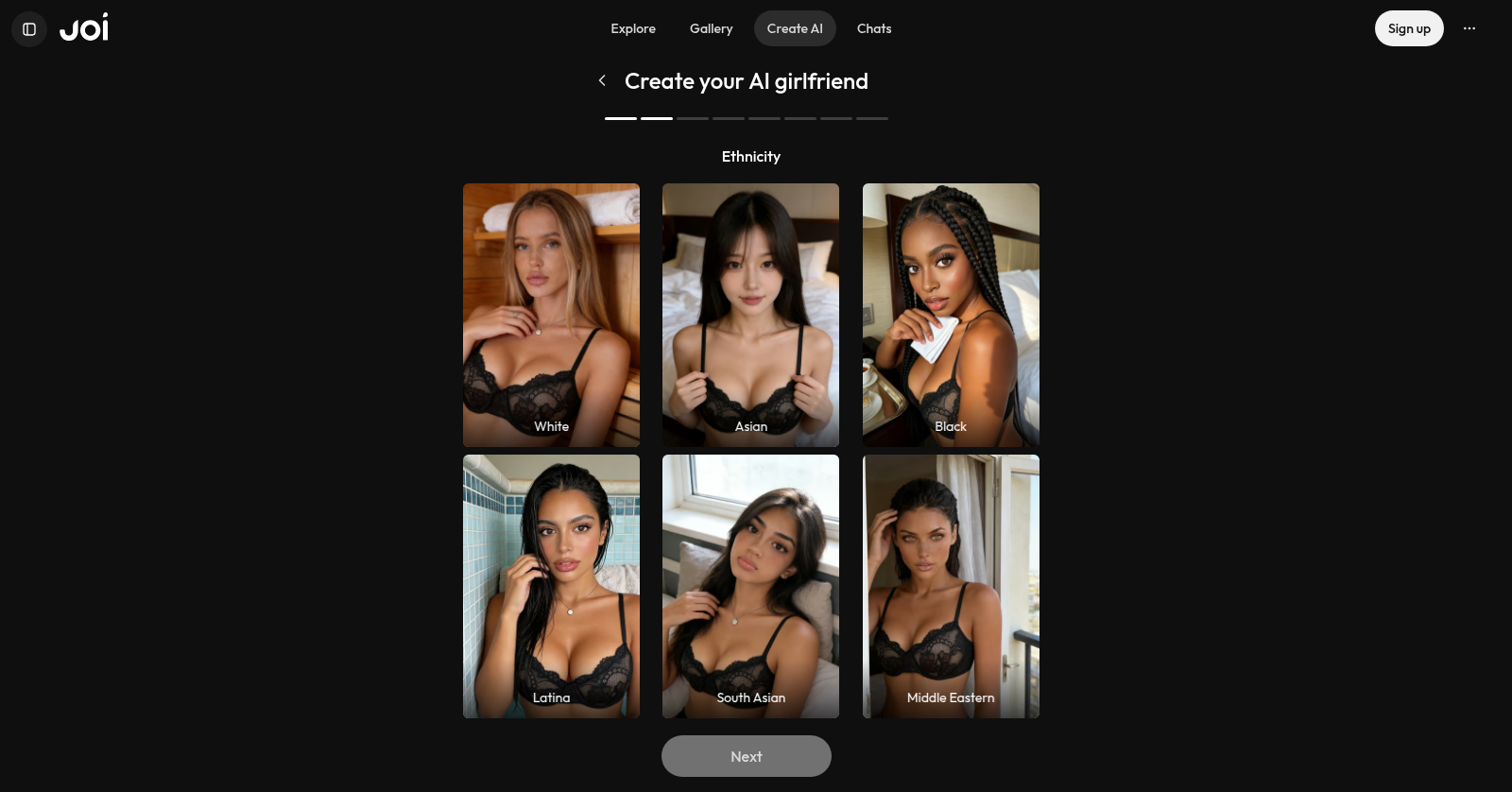 Joi.Ai character builder ethnicity step