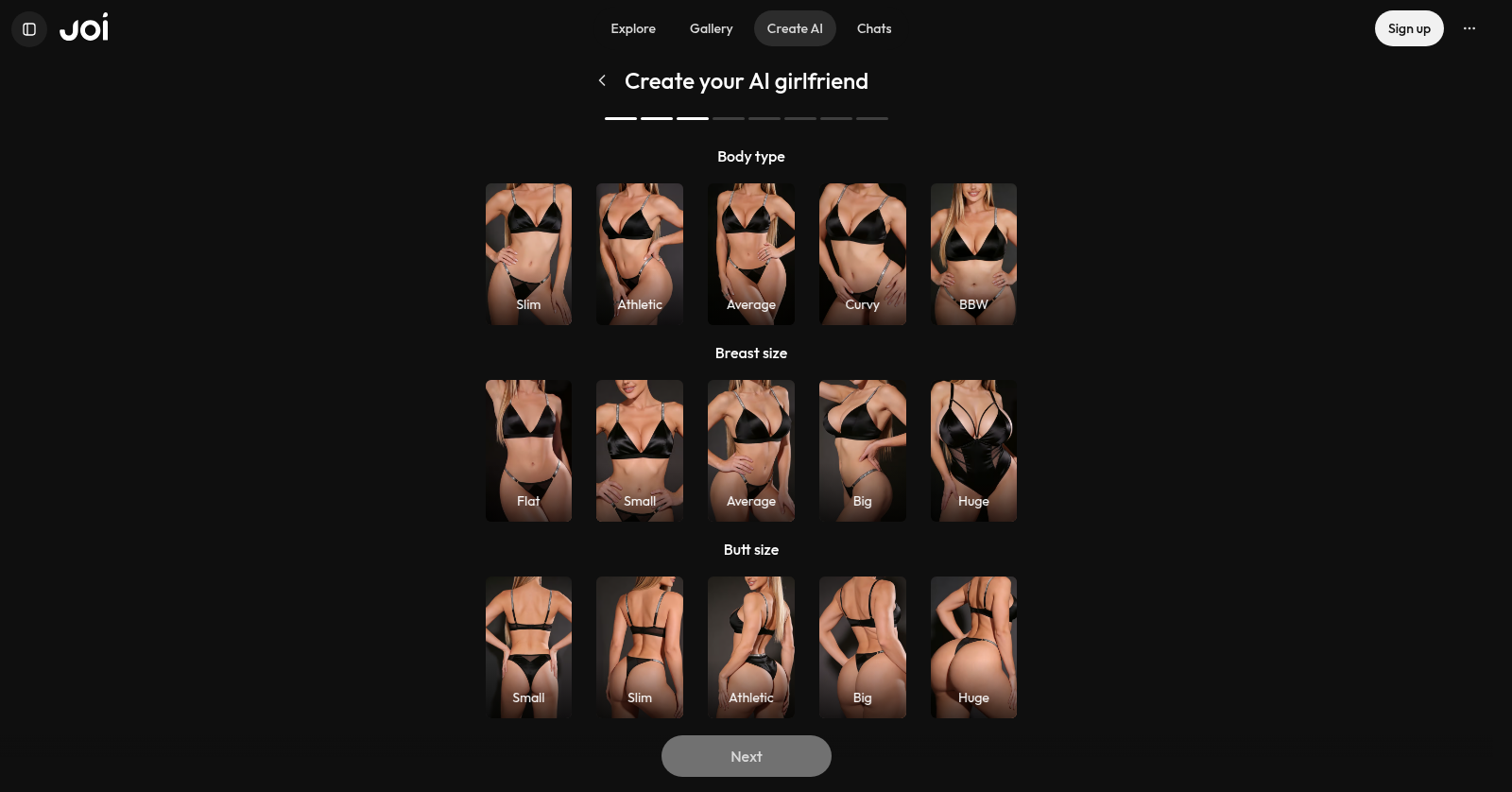 Joi.Ai character builder body type, breast size and butt size step