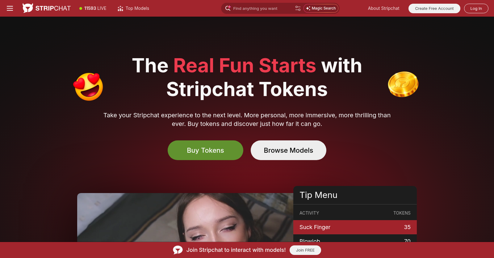 Stripchat tokens page hero with Buy Tokens and tip menu preview