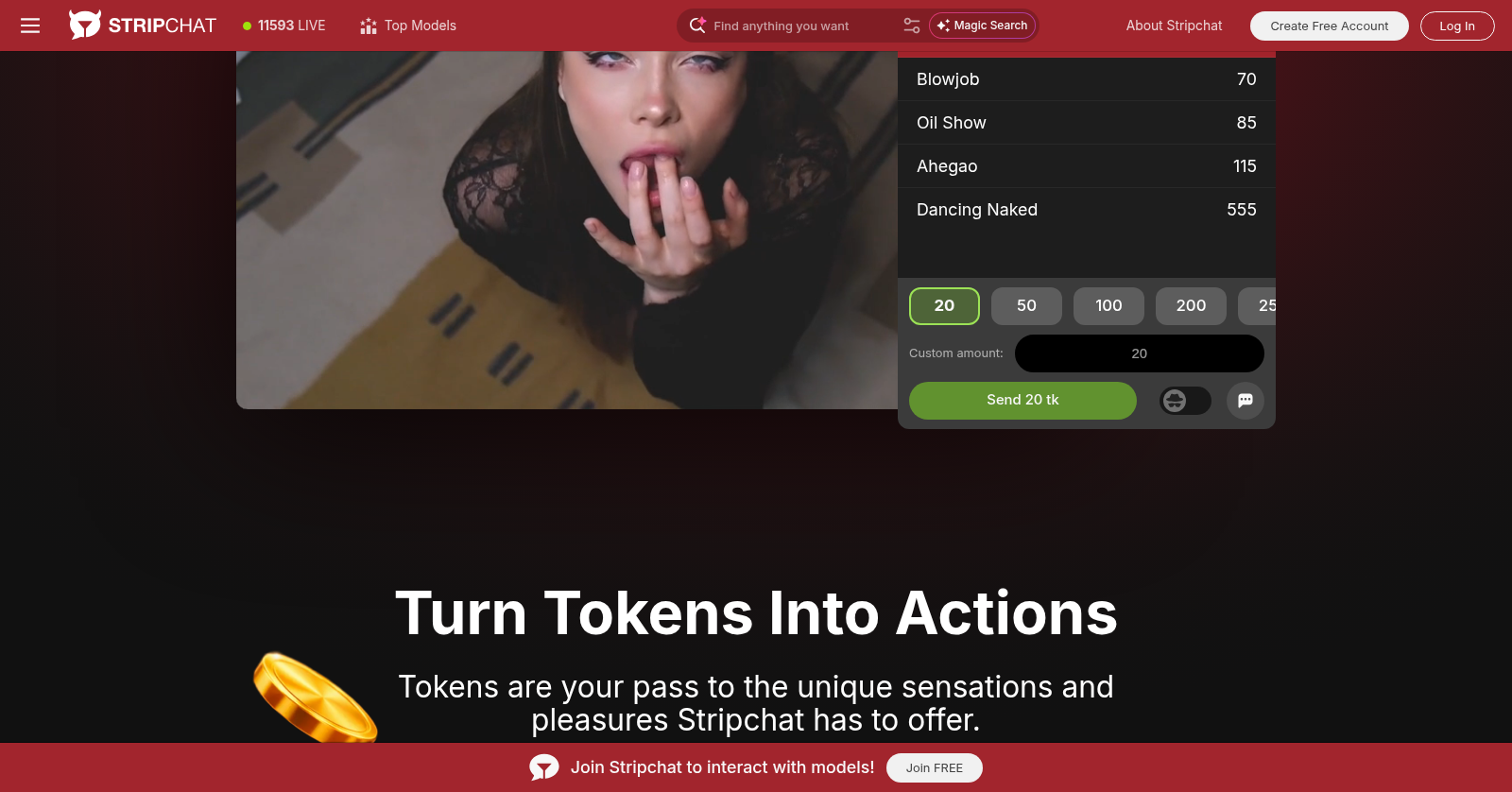 Stripchat tip menu showing token costs for live actions