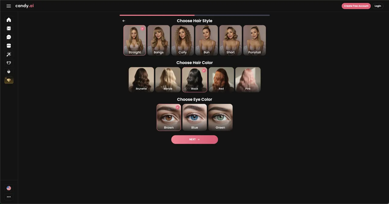 Candy.ai character builder choosing hair style and eye colour