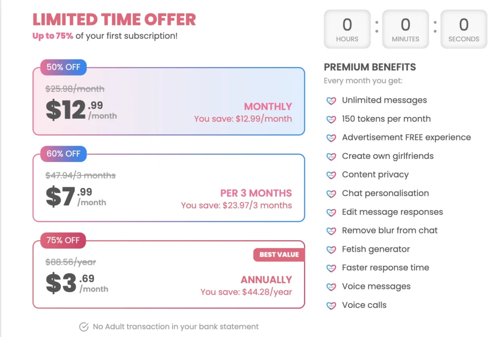 DreamGF premium pricing plans monthly 3 months annually