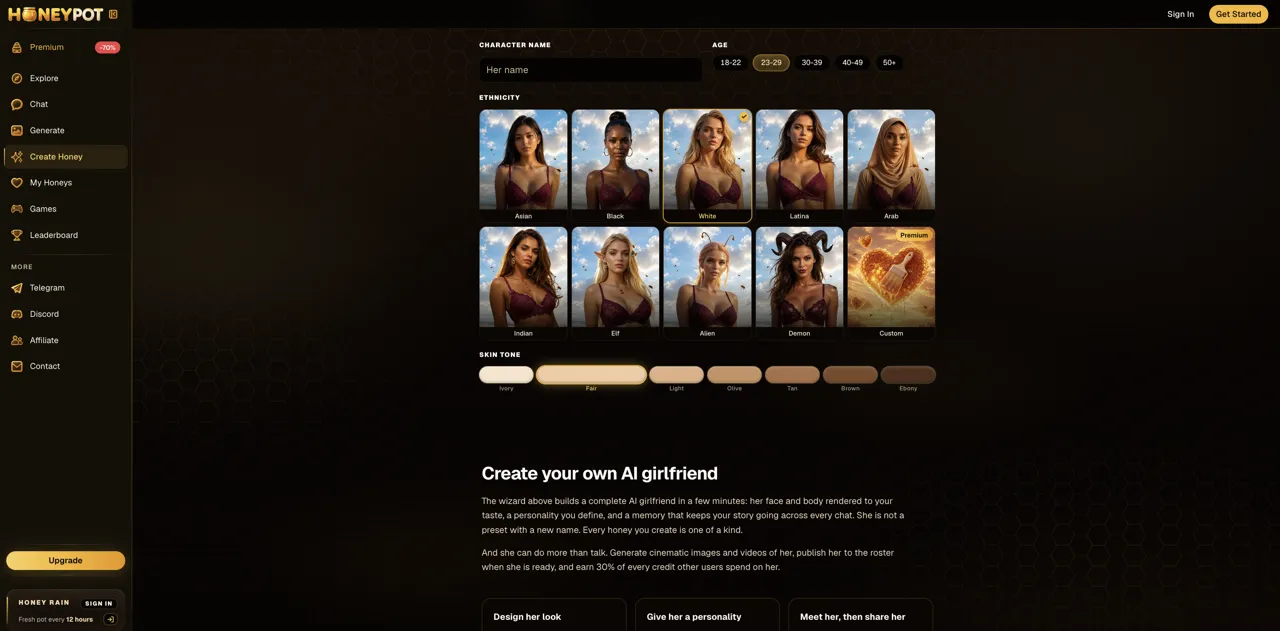 HoneyPot Create Honey builder choosing ethnicity and skin tone