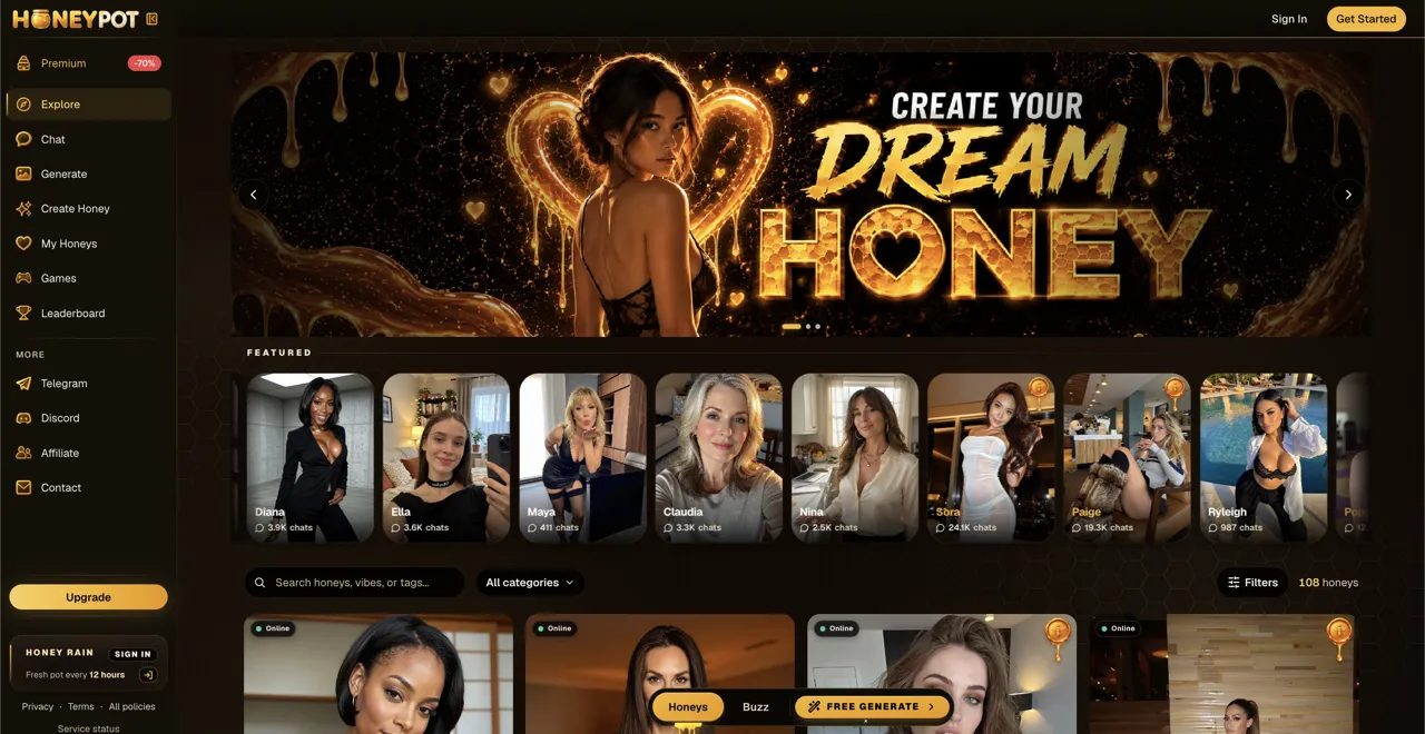 HoneyPot AI girlfriend home page with featured Honeys