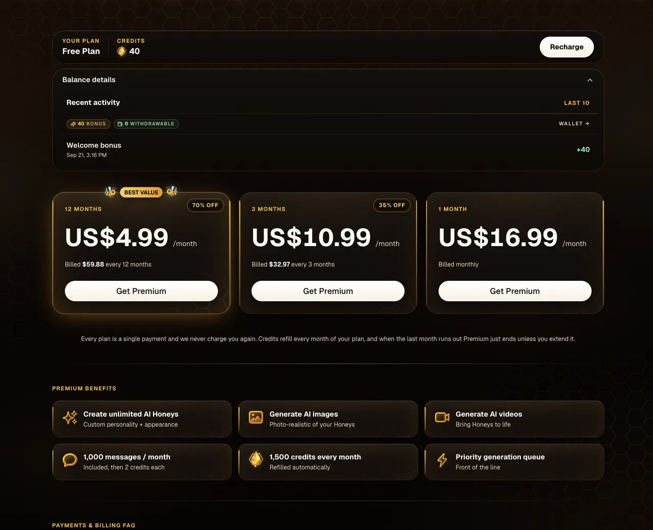 HoneyPot Premium pricing plans 12 months 3 months 1 month