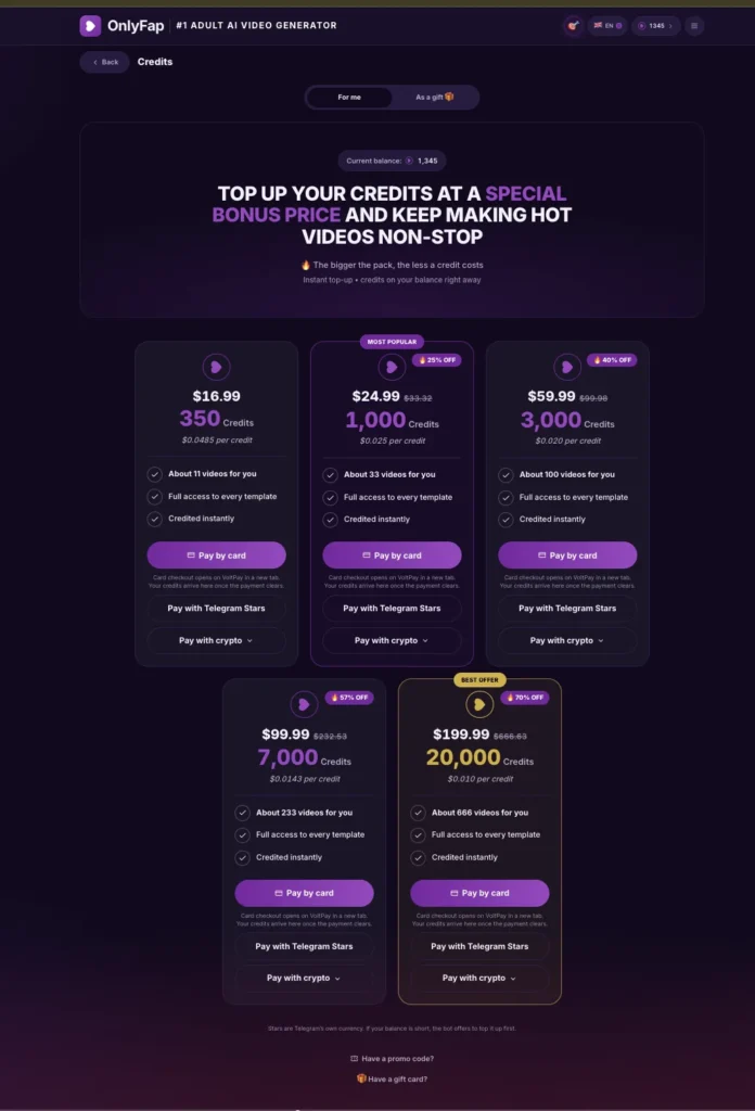 OnlyFap.ai credit top-up packs pricing