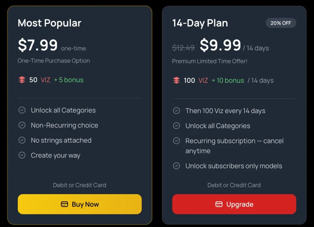 SinfulX AI pricing plans $7.99 one-time and $9.99 14-day plan